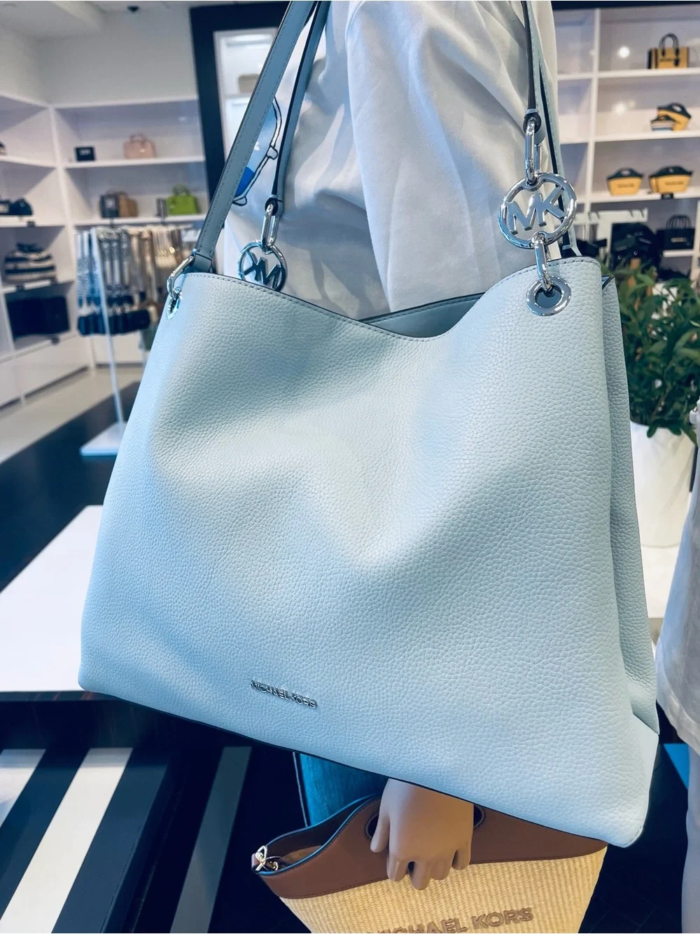 Michael Kors Christina Large Pebbled Leather Shoulder Bag Pale Ocean  NWT